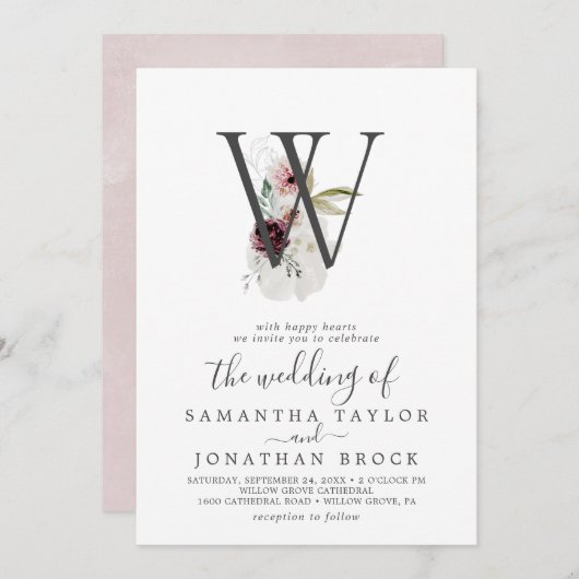 Floral Romance Letter W Blush Monogram Weddenschap Kaart (Voorkant / Achterkant)
