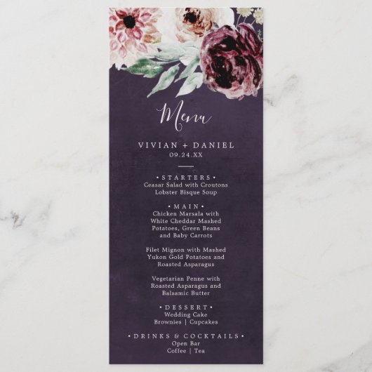 Floral-Romance | Plum Wedding Dinner Menu (Voorkant)