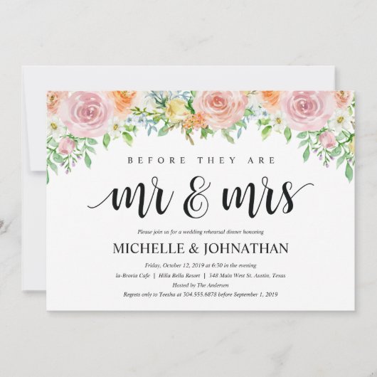 Floral Romance Wedding Rehearsal Dinner Invites Kaart (Voorkant)
