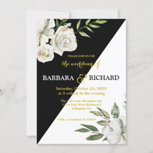 Floral Romantic Black & White Wedding Kaart