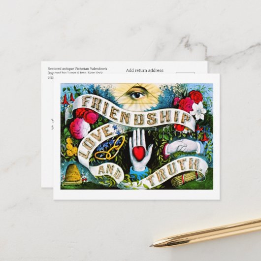 Floral Romantic Valentijn Love Friendship Masonic Briefkaart (Voorkant / Achterkant in situ)