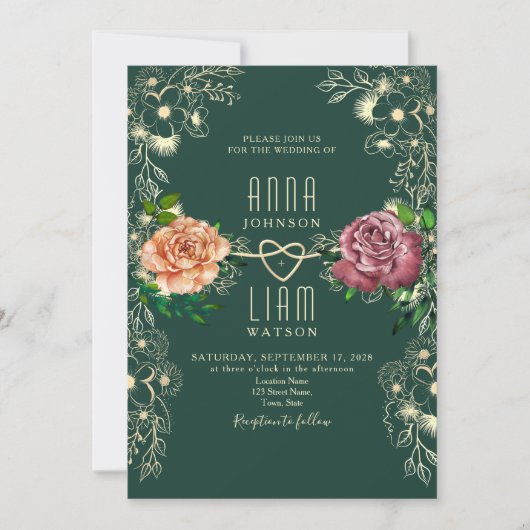 Floral Romantique Faire-part de mariage vert émera (Devant)