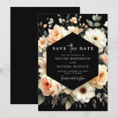Floral Romantische perzik bruiloft Save The Date (Voorkant / Achterkant)