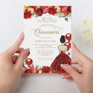 Floral rood goud prinses XV quinceañera verjaardag Kaart