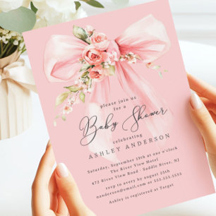 Floral Roos Coquette Bow Baby shower Kaart