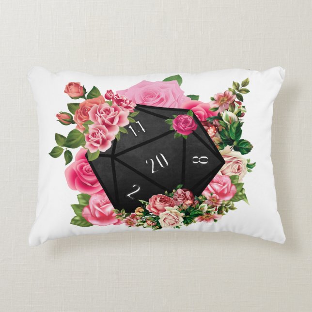 Floral Roos D20 Tabletop RPG Gaming Dice Accent Kussen (Voorkant)
