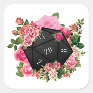 Floral Roos D20 Tabletop RPG Gaming Dice Vierkante Sticker