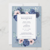 Floral Roos Dusty Blue Huwelijksuitnodiging (Voorkant)