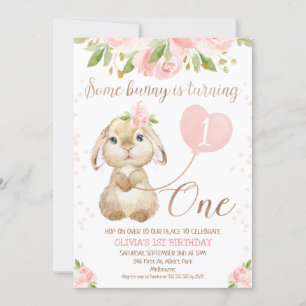 Floral Roos Gold Bunny 1st Birthday Uitnodiging