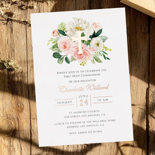 Floral Roos Gold Cross Meisjes Eerste Communie Folie Uitnodiging