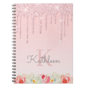 Floral Roos Gold Glitter Drives Ombre Monogram Notitieboek