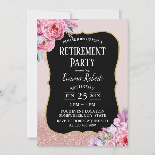 Floral Roos Gold Glitter Retirement Kaart (Voorkant)