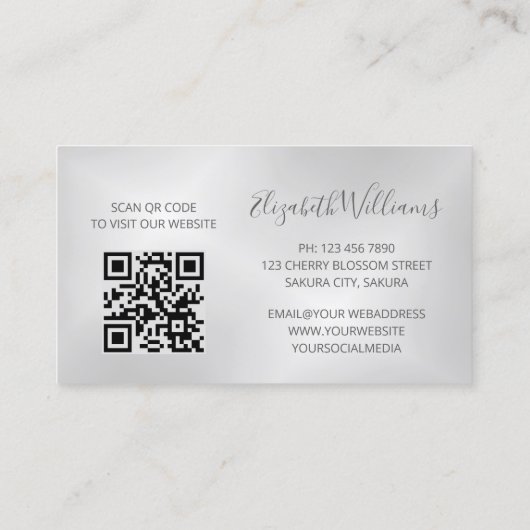 Floral Roos Gold Glitter Silver QR-code Visitekaartje (Achterkant)