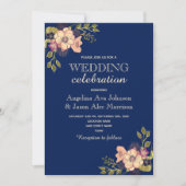 Floral Roos Gold Navy Wedding Kaart (Voorkant)