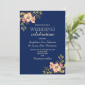 Floral Roos Gold Navy Wedding Kaart (Staand voorkant)