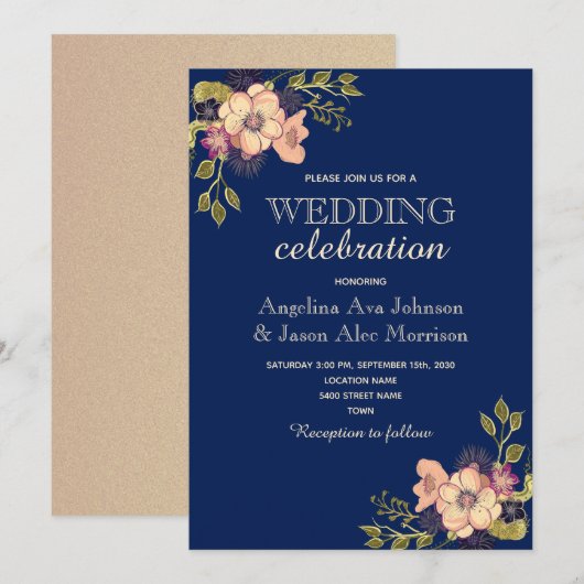 Floral Roos Gold Navy Wedding Kaart (Voorkant / Achterkant)