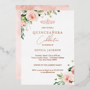 Floral Roos Gold Quinceanera Folie Uitnodiging