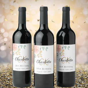 Floral roos gouden monogram verjaardagsfeestje wijn etiket