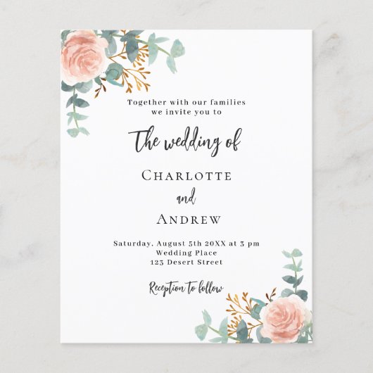 Floral roos gouden QR code budget bruiloft uitnodi (Voorkant)