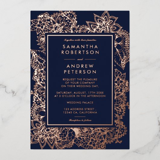 Floral roos goudmarineblauwe bruiloft folie uitnodiging (Voorkant)