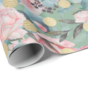 Floral roos goudpolka stip  bloempatroon cadeaupapier