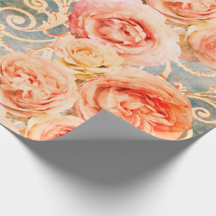 Floral Roos Koral Peach Damask Cadeaupapier