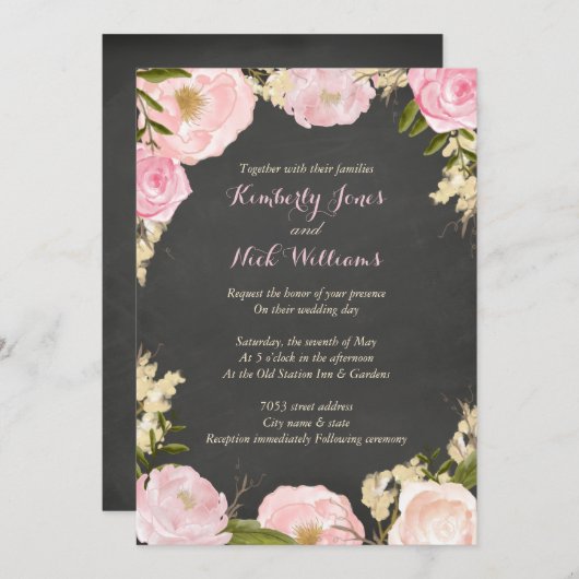 Floral Roos Krans Krijtbord Huwelijksuitnodiging Kaart (Voorkant / Achterkant)