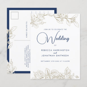 Floral Roos Navy Blue Gold Wedding Invitation Briefkaart