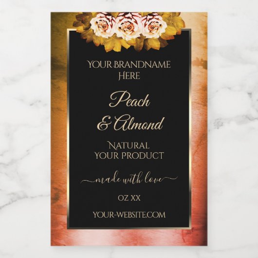 Floral Roos Oranje rood marmer zwart etiket (Enkel label)