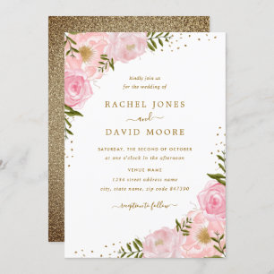 Floral Roos Pink Gold Waterverf Wedding Invite Kaart