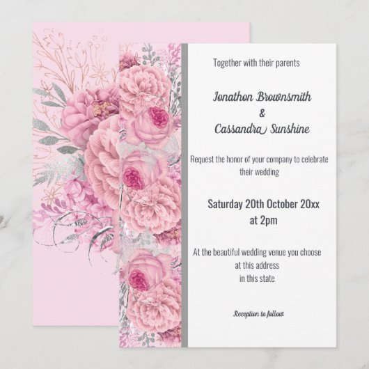 FLORAL ROOS PINK SILVER TRIM WHITWEDING KAART (Voorkant / Achterkant)