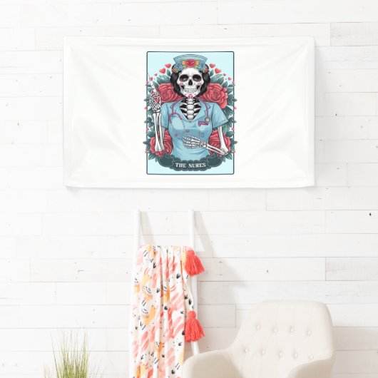 Floral Roos Skeleton Nurse Tarot Kaart Halloween E Spandoek (Insitu)