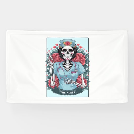 Floral Roos Skeleton Nurse Tarot Kaart Halloween E Spandoek (Horizontaal)