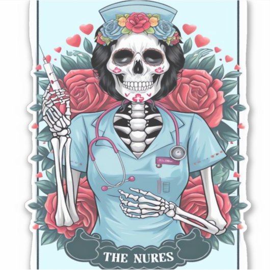 Floral Roos Skeleton Nurse Tarot Kaart Halloween E Sticker (Voorkant)