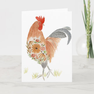 Floral Rooster Card Waterverf Cute Feestdagen Kaart