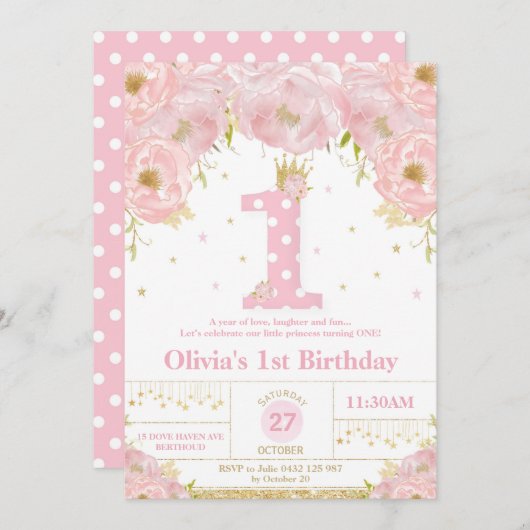 Floral rose 1er anniversaire Princesse Invitation (Devant / Derrière)