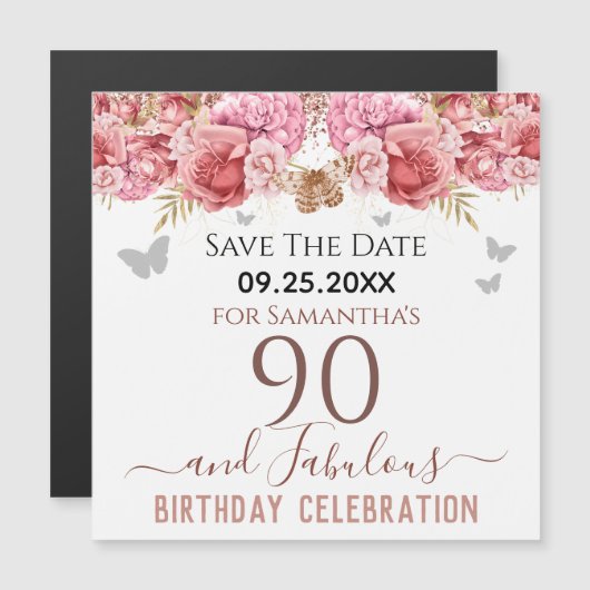Floral rose 90e anniversaire Save the Date Magnet (Devant / Derrière)