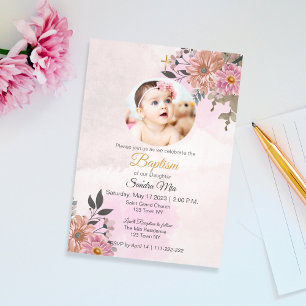 Floral rose avec invitation photo Baptême