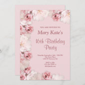 Floral rose/blanc 16e anniversaire Invitation de f (Devant / Derrière)