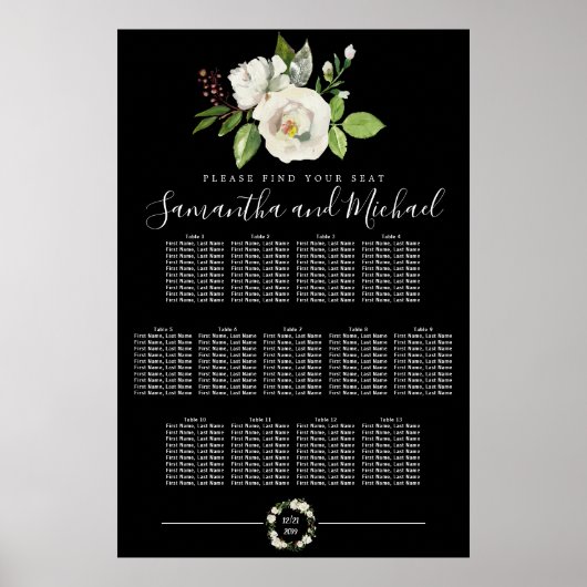 Floral Rose blanc sur tableau noir 13 tables (Devant)