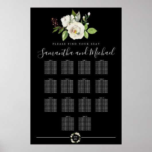 Floral Rose blanc sur tableau noir 14 tables (Devant)