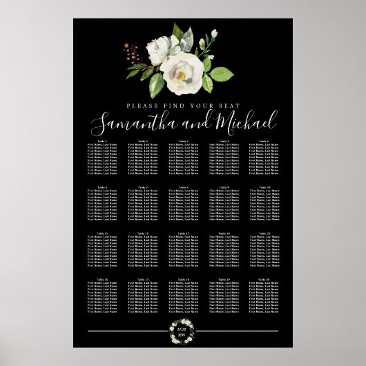 Floral Rose blanc sur tableau noir 20 tables (Devant)