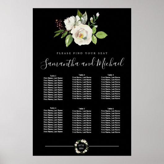 Floral rose blanc sur tableau noir 6 tables (Devant)