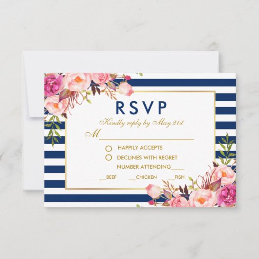 Floral rose Bleu Grandes Mariage RSVP Repas (Devant)