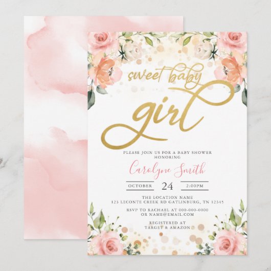 Floral Rose Blush Baby shower Invitation fille (Devant / Derrière)