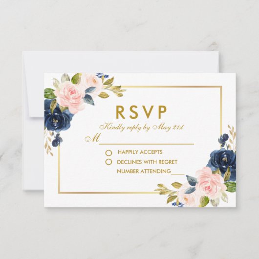 Floral rose Blush Blue Wedding RSVP Gold (Devant)