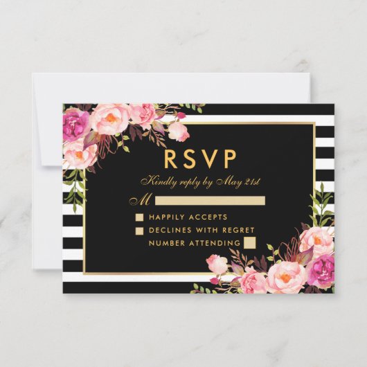 Floral rose Blush or noir Mariage RSVP (Devant)