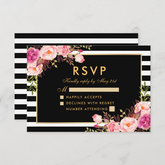 Floral rose Blush or noir Mariage RSVP (Devant / Derrière)