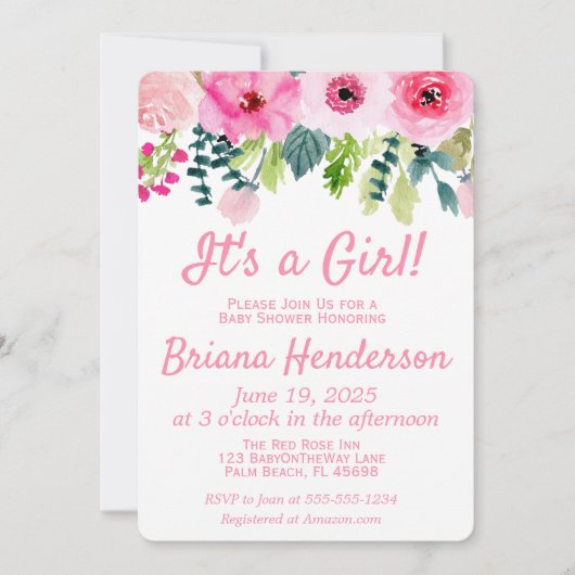 Floral rose C'est une invitation Baby shower fille (Devant)