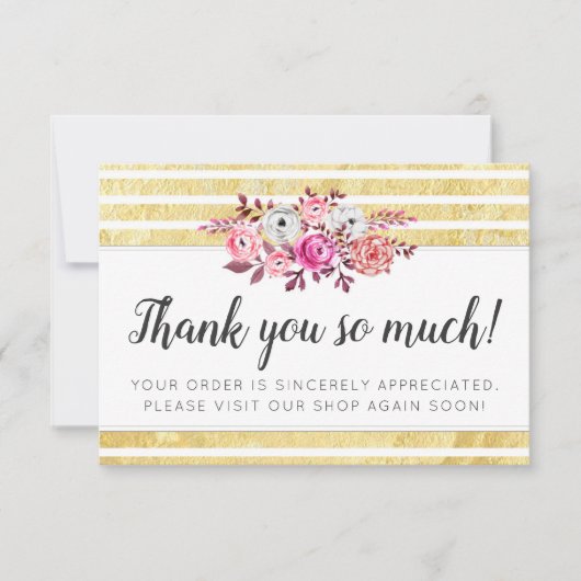 Floral rose et doré doré Merci rayé moderne (Devant)